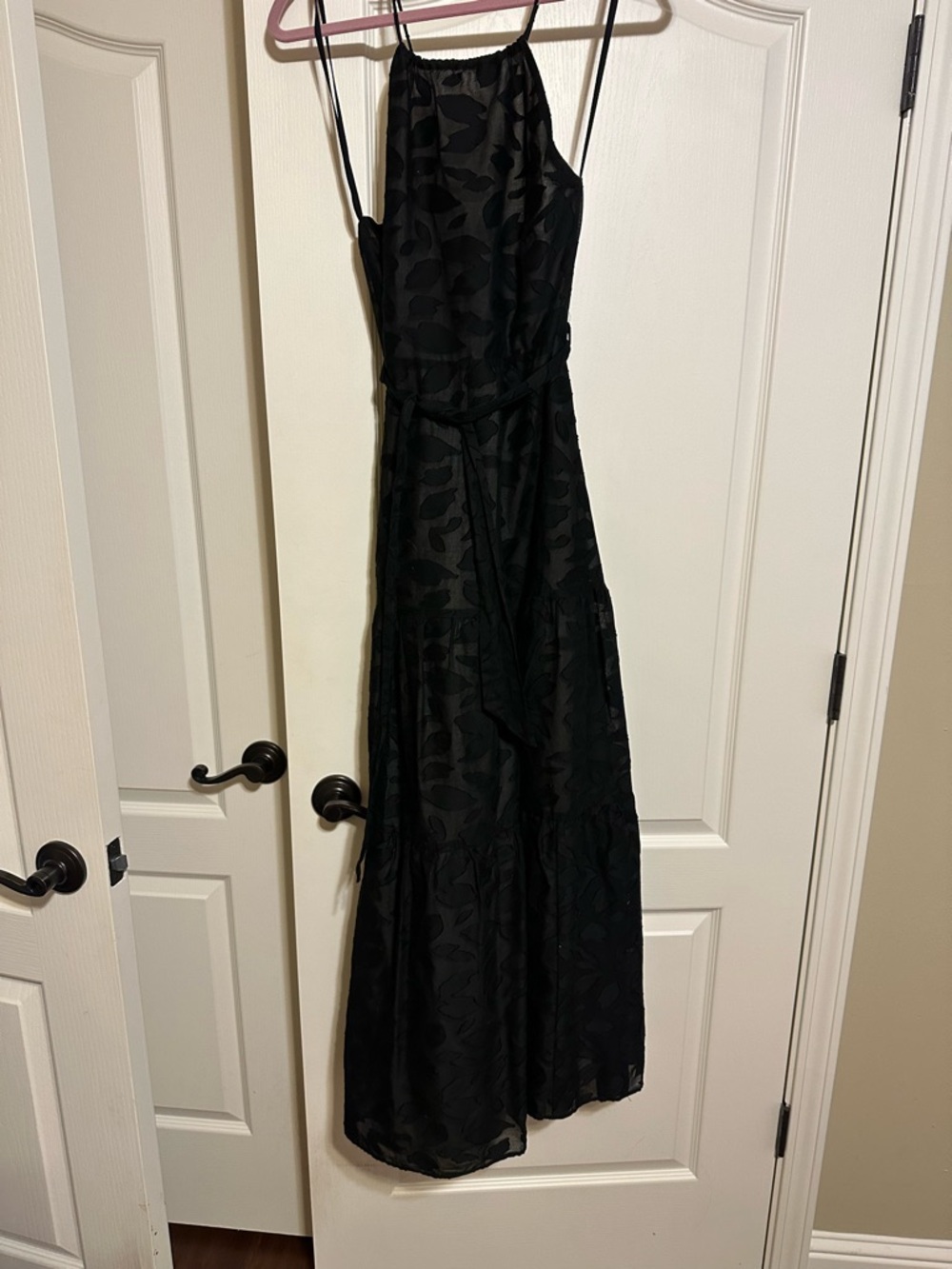 Women's Black Floral-Textured Maxi Dress with Halter Straps